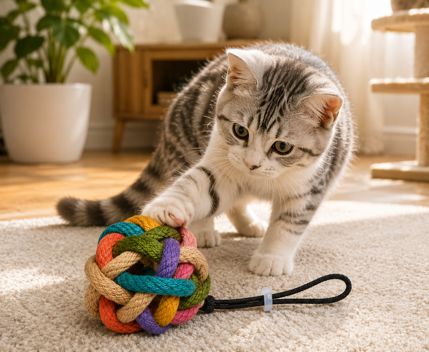 Multicoloured Woven Knot Ball Cat Toy with Loop