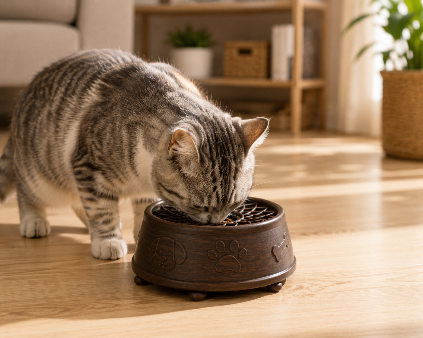 Wooden Slow Feeder Pet Bowl – Elevated Maze Feeding Bowl for Dogs and Cats with Stable Raised Base