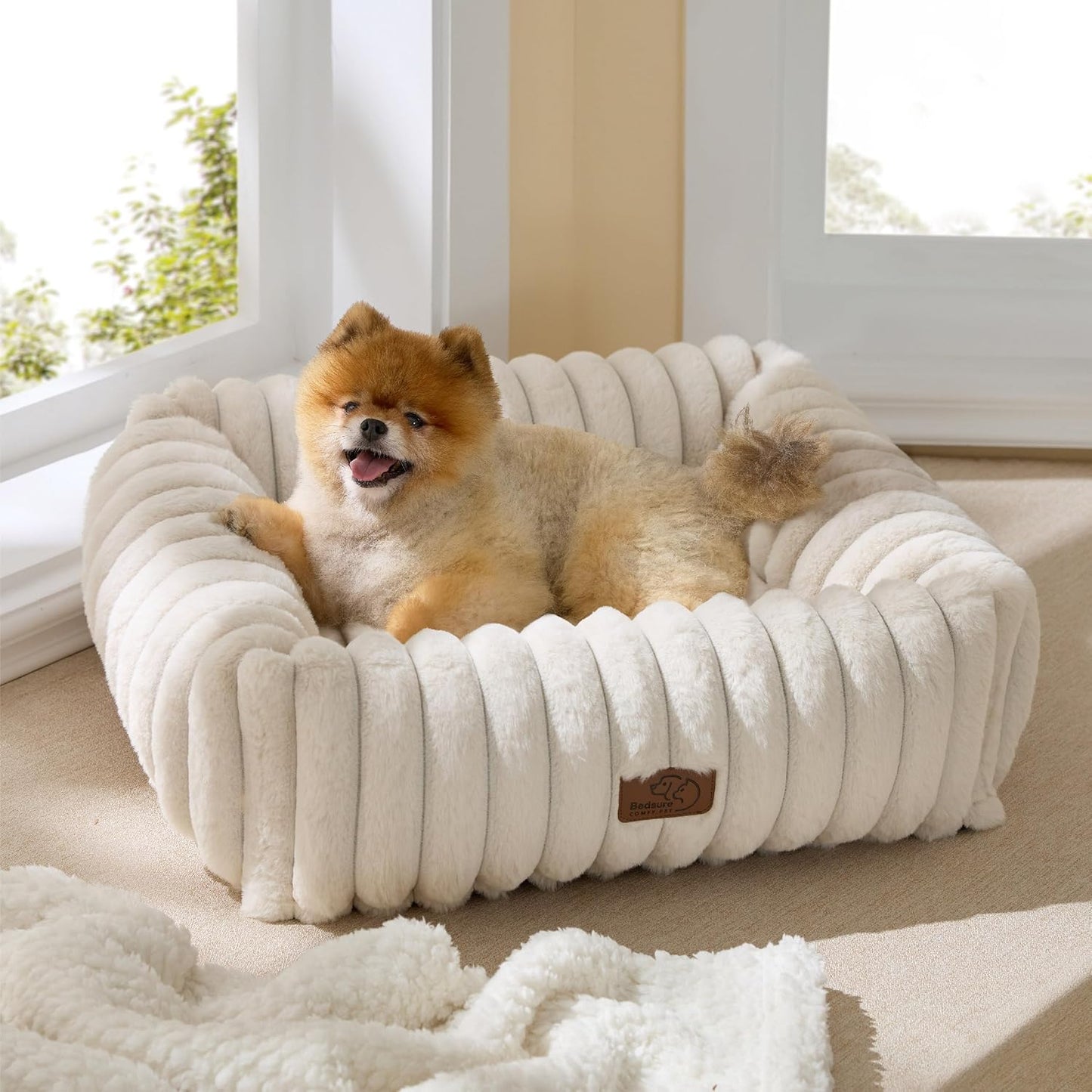 Rectangle Fleece Dog Bed with Raised Sides and Washable Cover