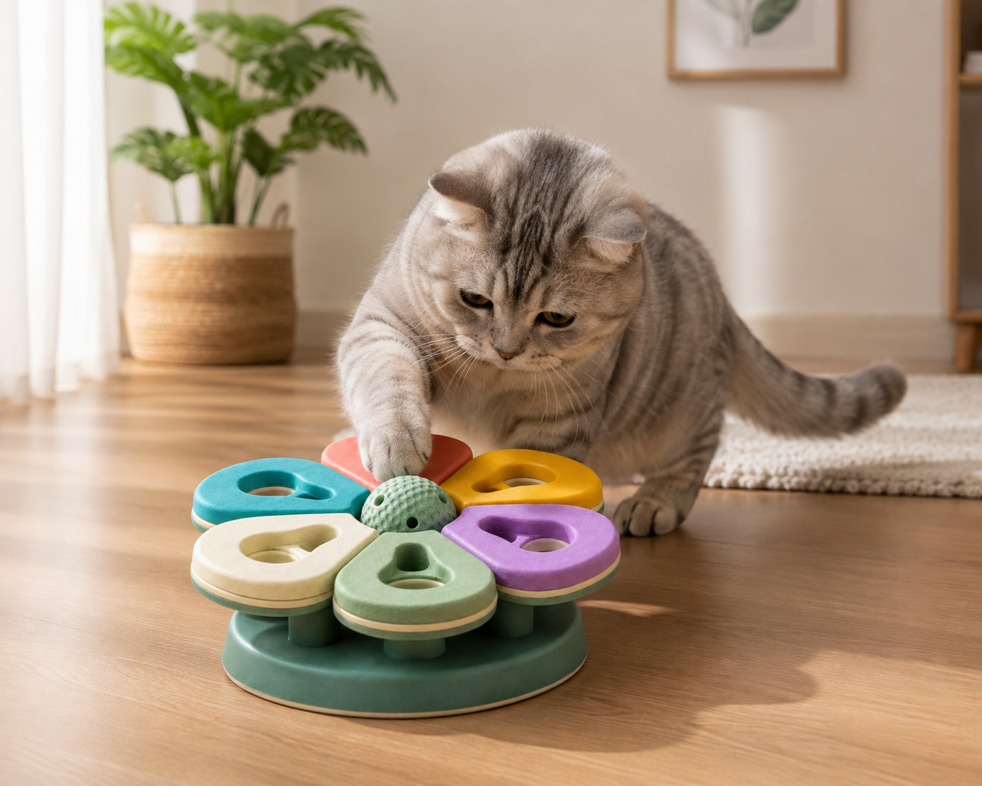 Flower-Shaped Interactive Cat Treat Puzzle Feeder – Multicoloured