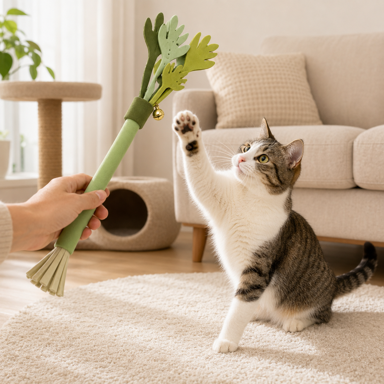 Green Cat Teaser Wand with Bell and Multi-Strip Design