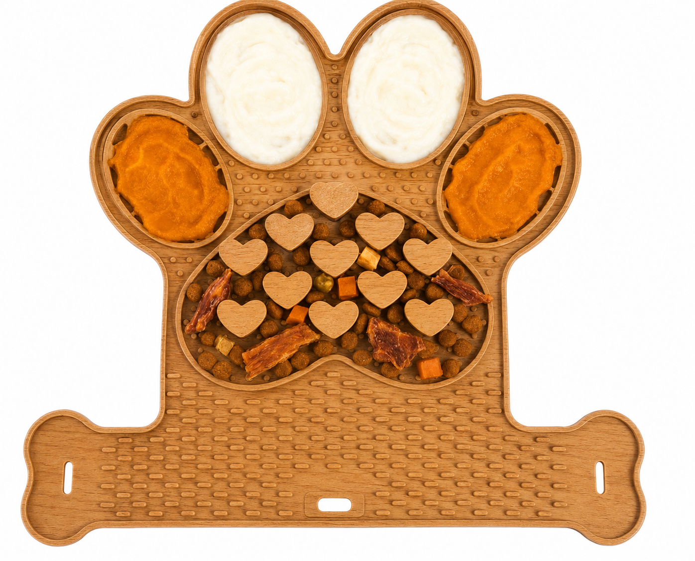 Paw-Shaped Dog Slow Feeder and Lick Mat with Treat Compartments – Brown