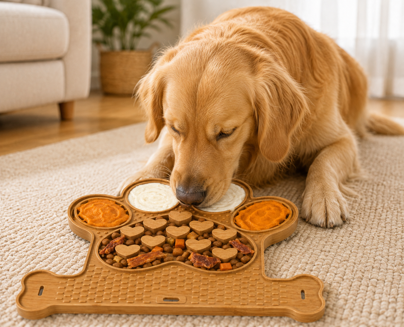 Paw-Shaped Dog Slow Feeder and Lick Mat with Treat Compartments – Brown